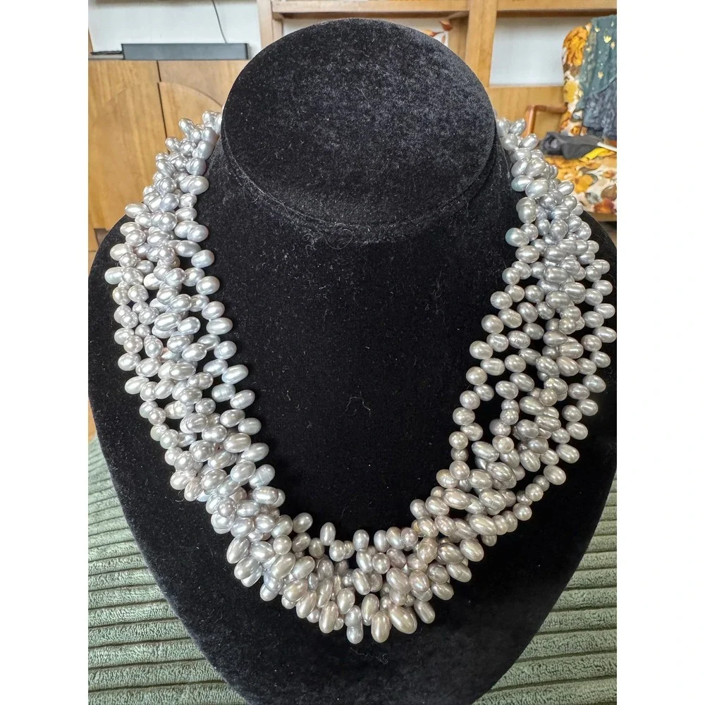 Lucas Lameth‎ Gray Pearl Necklace 925 Silver Clasp Multi Strand Statement